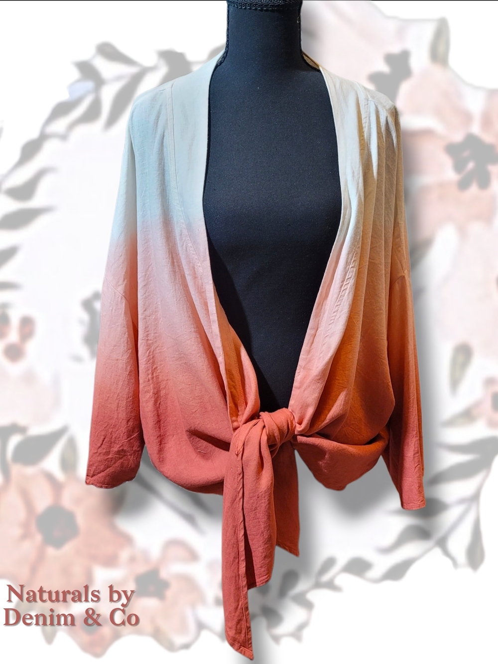Naturals Ombre Tie-Front Open Cardigan - Cream to Rose/Coral 4X - Picture 5 of 7